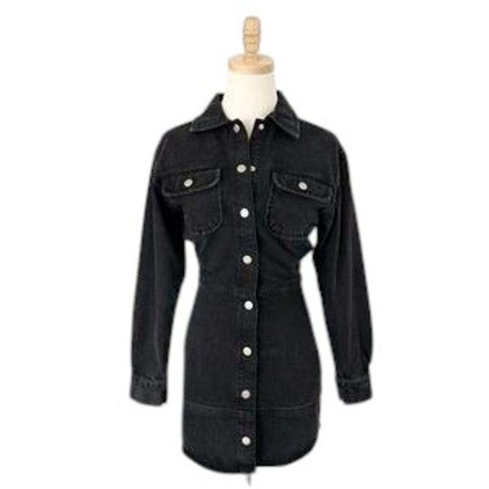 ZARA Long Sleeve Button Front Denim Mini Dress Black Size XS NWT